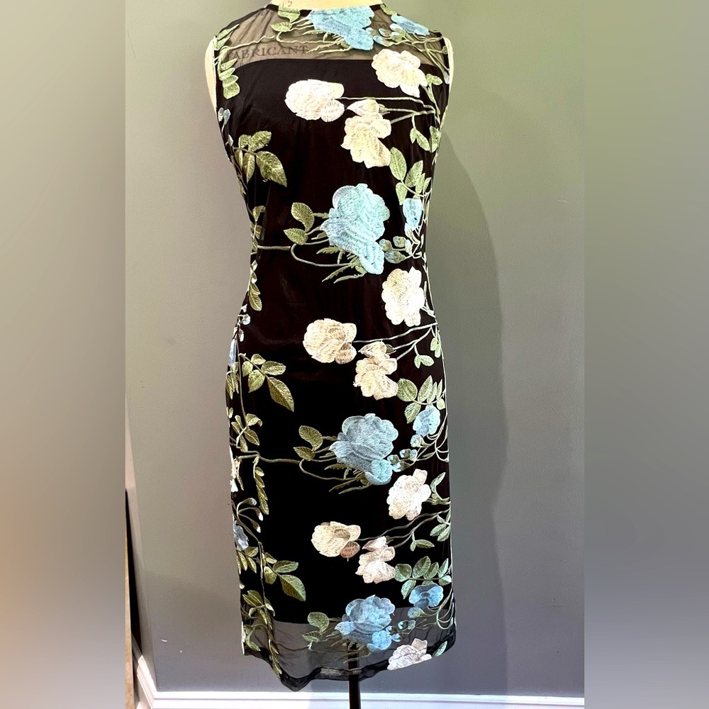 Calvin Klein Black Midi Dress with Blue and Cream Floral Embroidery